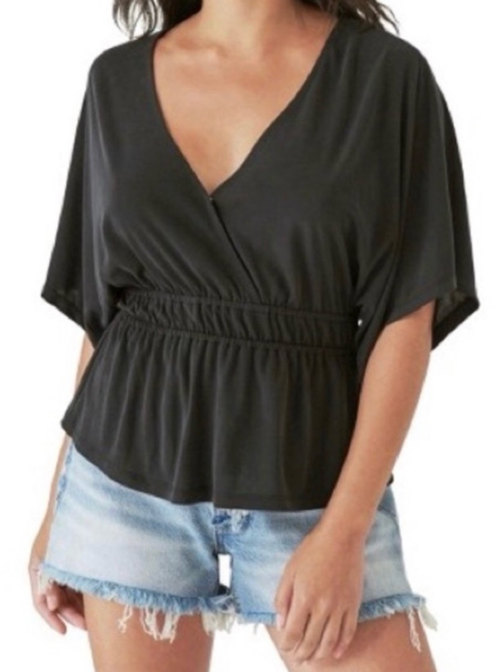 Lucky Brand Black V-Neck Smocked Waist Top medium